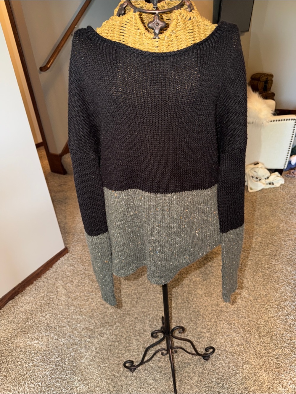 Vintage America Black and Gray Colorblock Scoop Neck Sweater